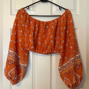 Forever 21 Orange Floral Off the Shoulder Crop Top